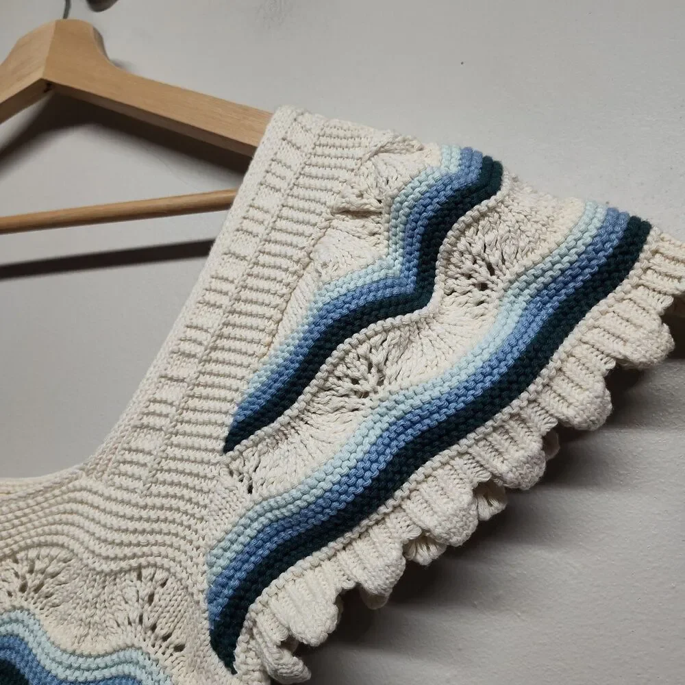 Crochet Top Women L Cream Blue Stripes Short Sleeve Spring Beachy Boho Casual - Picture 3 of 7